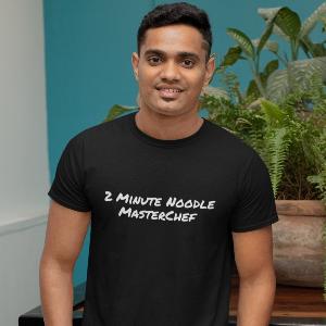 Black 2 Minute Noodle Masterchef t-shirt, trendy unisex cotton tee in sizes XS to 4XL, perfect gift for food lovers
